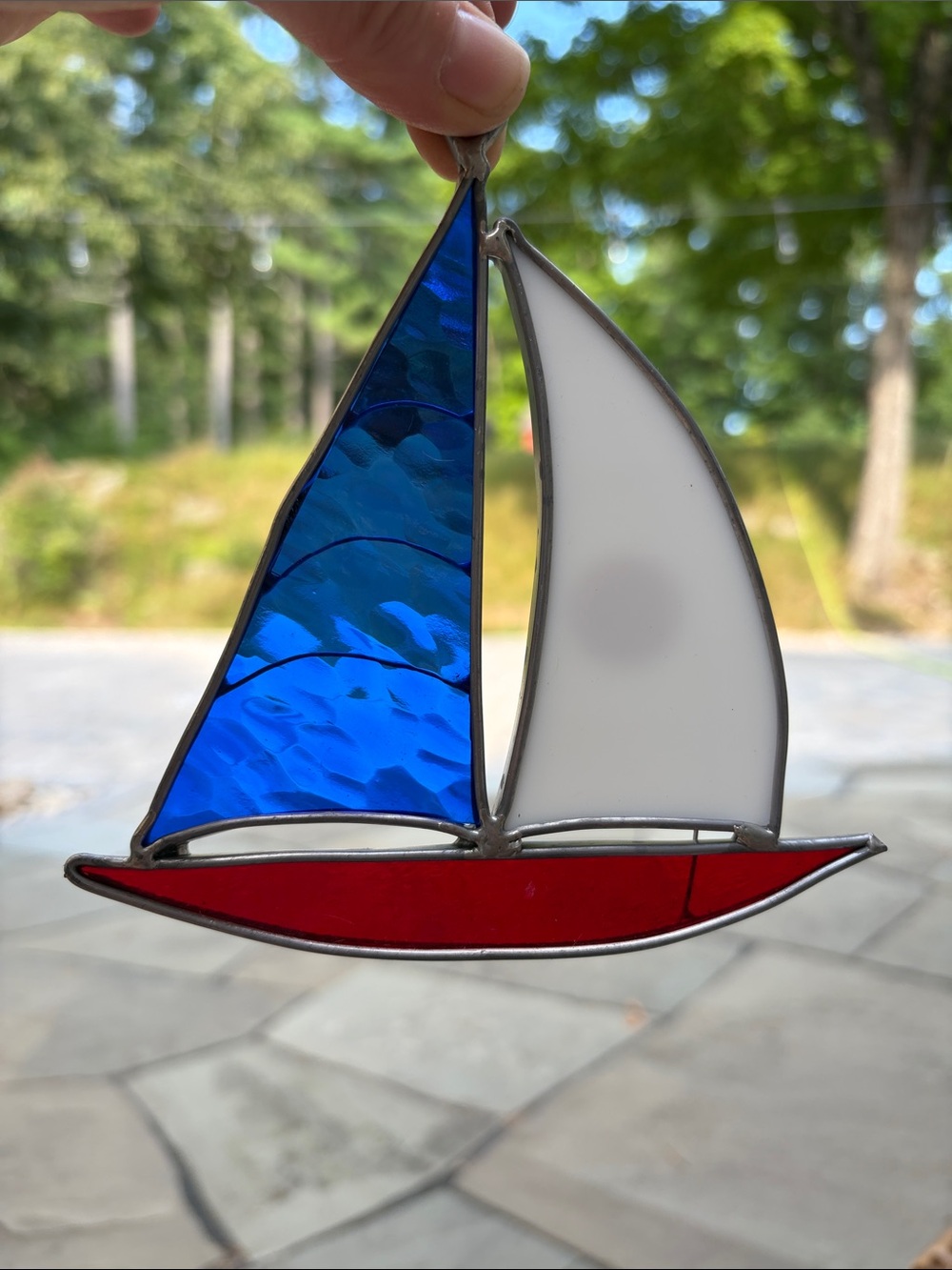 Stained Glass Sailboat Hanging Ornament - Blue, White & Red